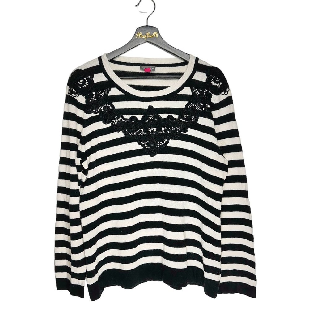 Vince Camuto Black & White Striped Lace Overlay Embroidered Top XL